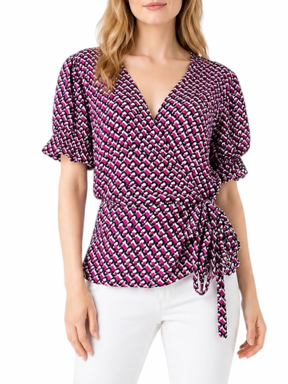 Diane von Furstenberg Emilia 3D Chain Printed Wrap Top Pink Size 16